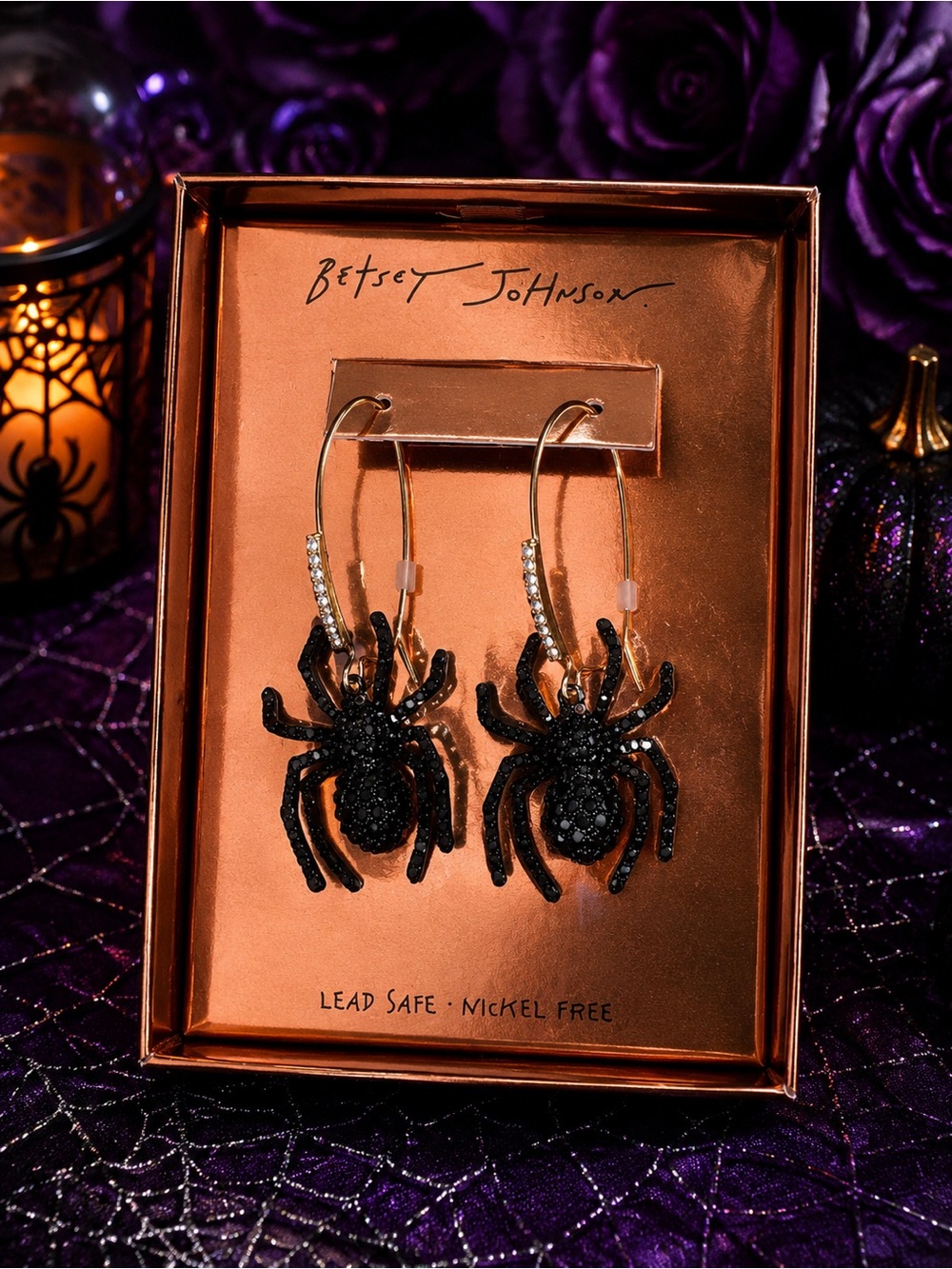 Betsey Johnson Spooktacular Black Sparkle Spider Drop Earrings New In Box